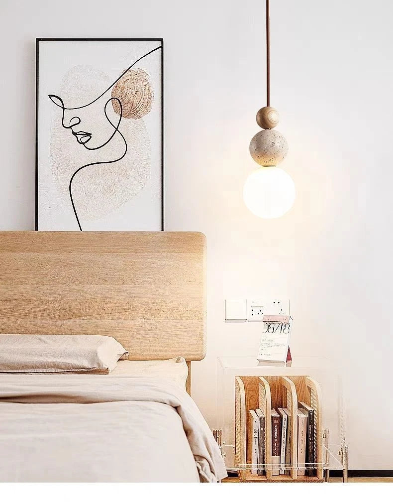 Wood and Stone Pendant Light – Small Ceiling Lamp for Home Decoration