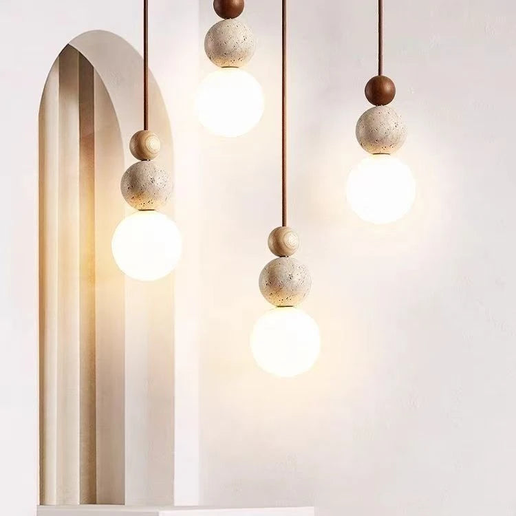 Wood and Stone Pendant Light – Small Ceiling Lamp for Home Decoration