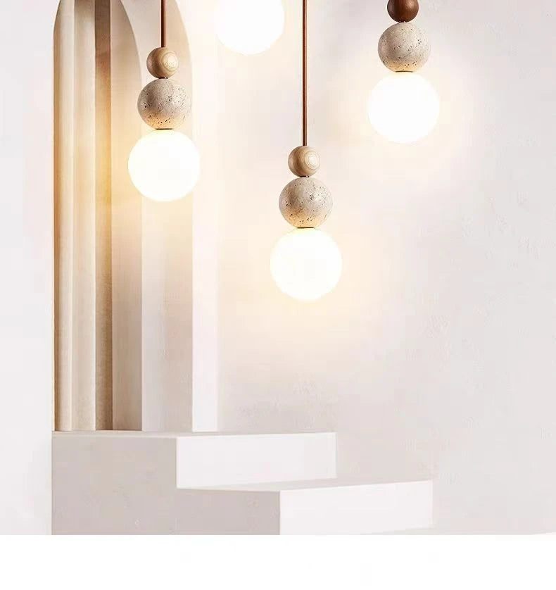 Wood and Stone Pendant Light – Small Ceiling Lamp for Home Decoration