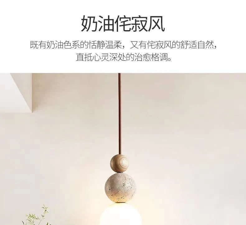 Wood and Stone Pendant Light – Small Ceiling Lamp for Home Decoration